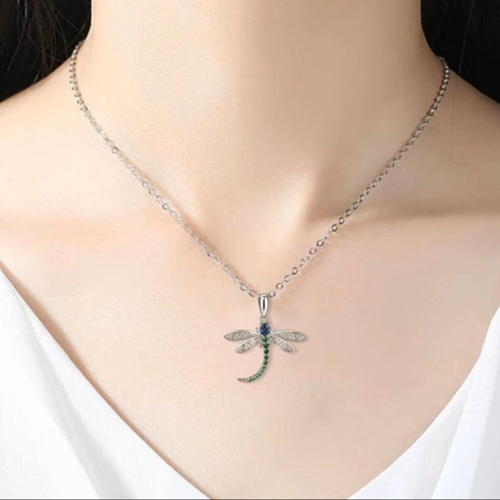Dragonfly Insect Blue Green Clear CZ Silver Sparkly Fashion Pendant Necklace - Picture 5 of 8